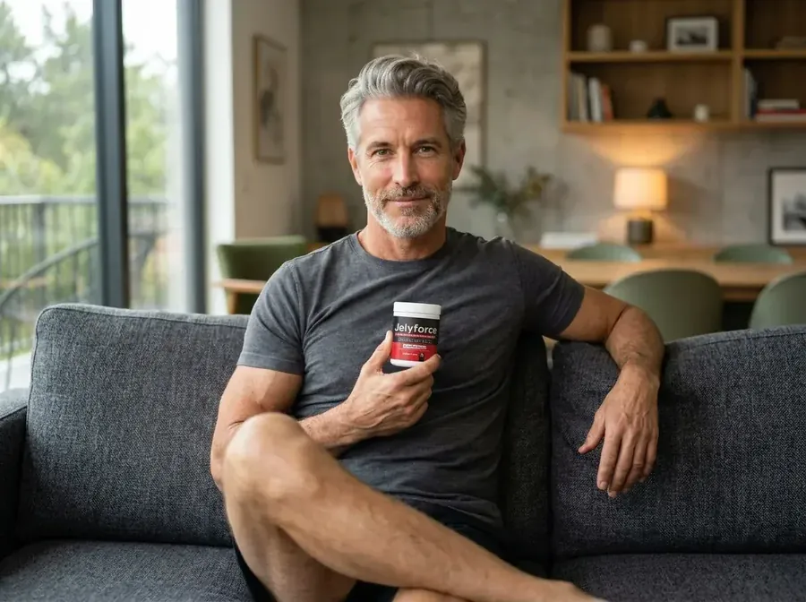 A man holding a Jelly Force bottle in the listing photography